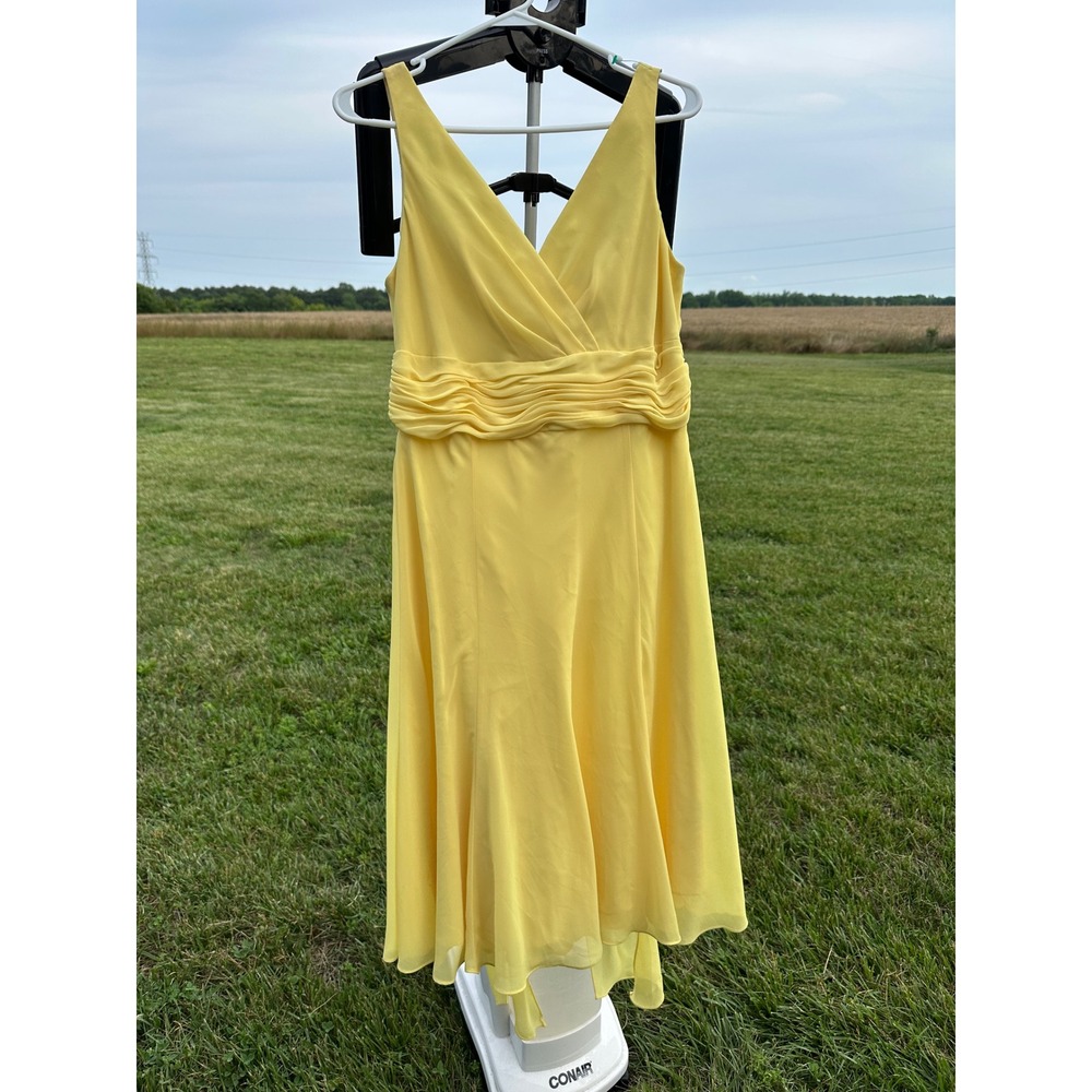 Chaps Women's Yellow Chiffon V-Neck Ruched‎ Waist High-Low Midi Dress Size 12